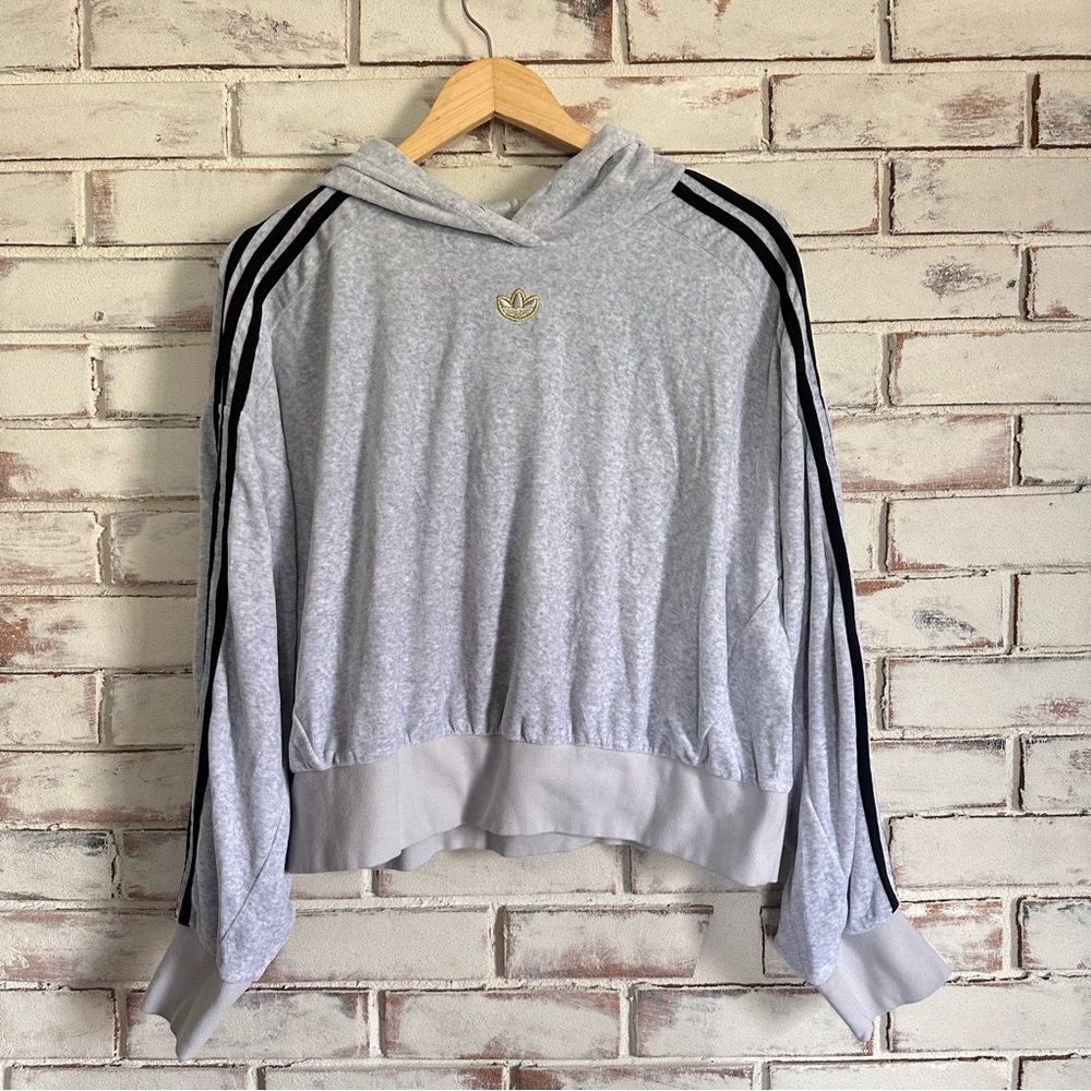 Adidas Light Gray Hooded Velour Hoodie with Black Stripes
